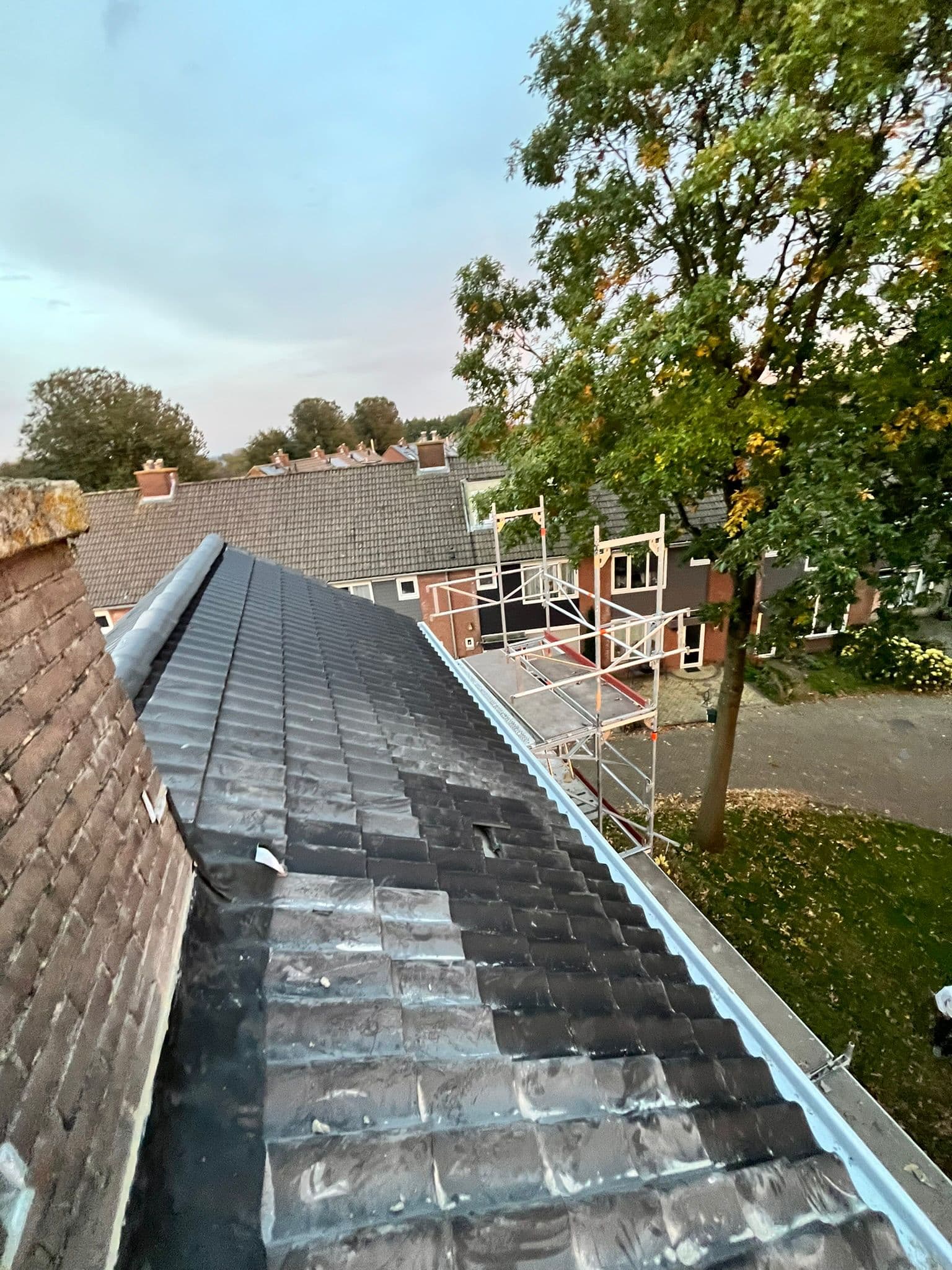 Zwart pannendak met nokvorsten en een steiger langs de dakrand